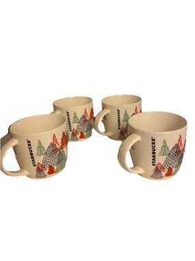 2018 Starbucks Set Of 4 Ceramic Holiday Mug Tea Coffee Christmas Tree Mugs 14 oz